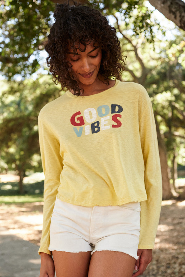 Sundry Good Vibes Long Sleeve Crew in Pigment Gold-campiagn image 