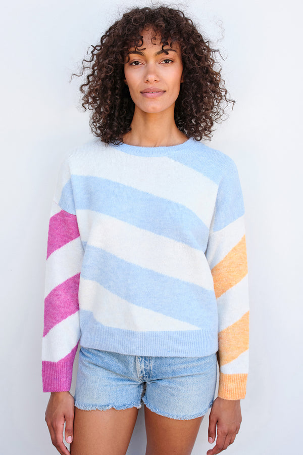 Sundry Diagonal Stripes Sweater in Flamingo/Sky/Sorbet-front