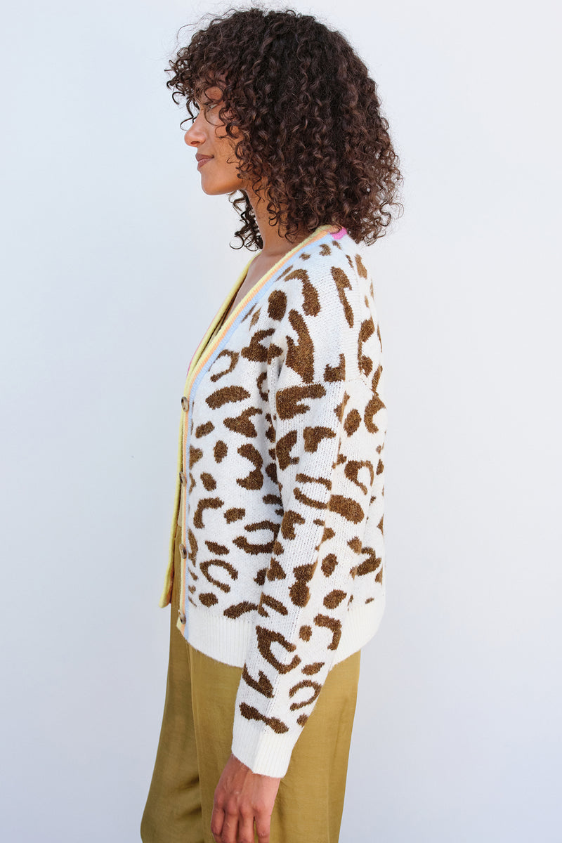 Sundry Leopard Boxy Cardigan in Cream/Sorbet Leopard-side