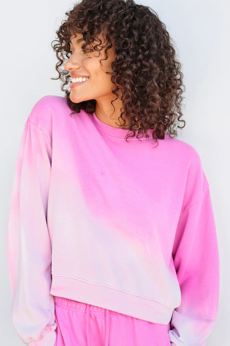 Sundry Cropped Sweatshirt in Flamingo Ombre-model looks away