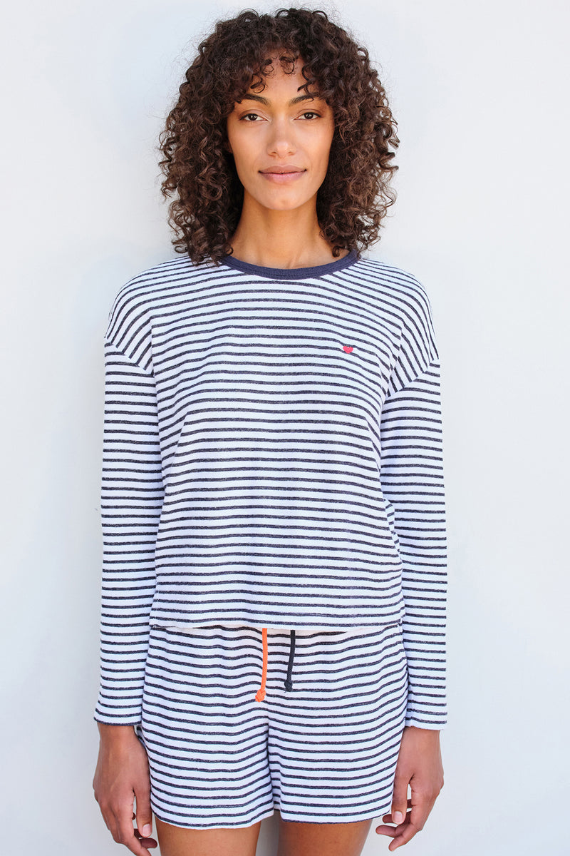Sundry Heart Stripe Long Sleeve Crew in White-3/4 front view