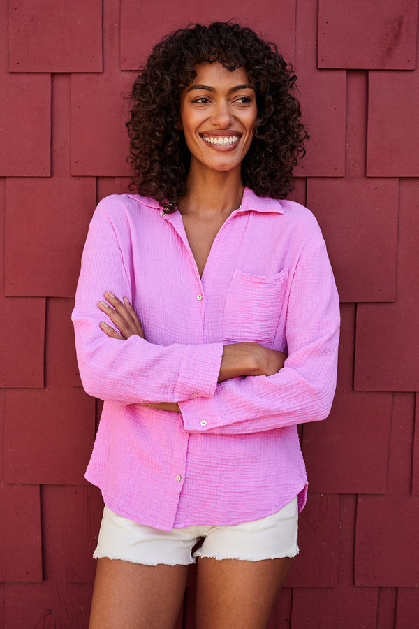 Sundry Long Sleeve Button Down in Flamingo