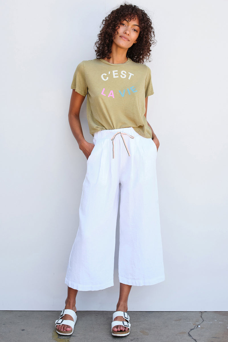 Sundry Wide Leg Cropped Pant in White-full front view