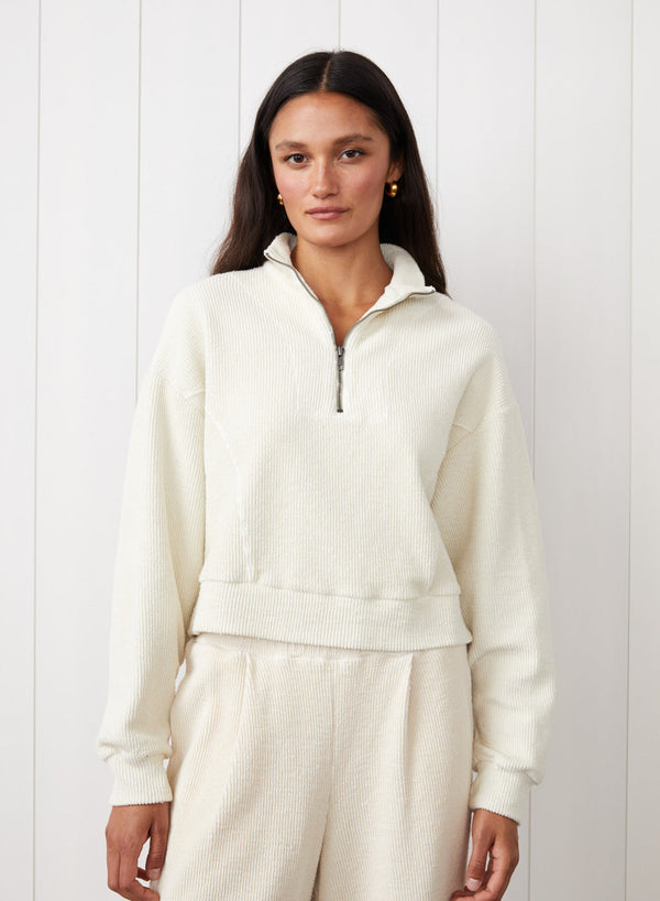 Jasper Knit Cord Half Zip Pullover in Cream - front view