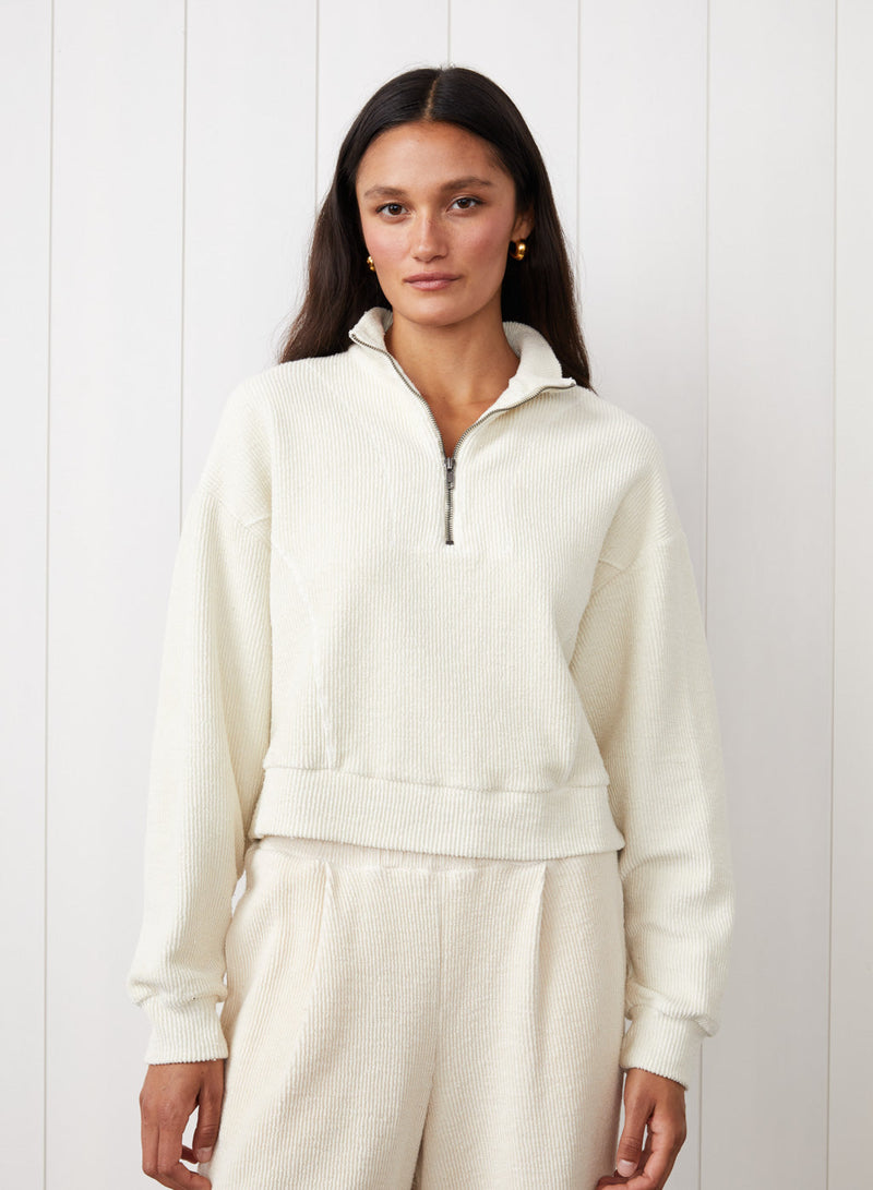 Jasper Knit Cord Half Zip Pullover in Cream - front view