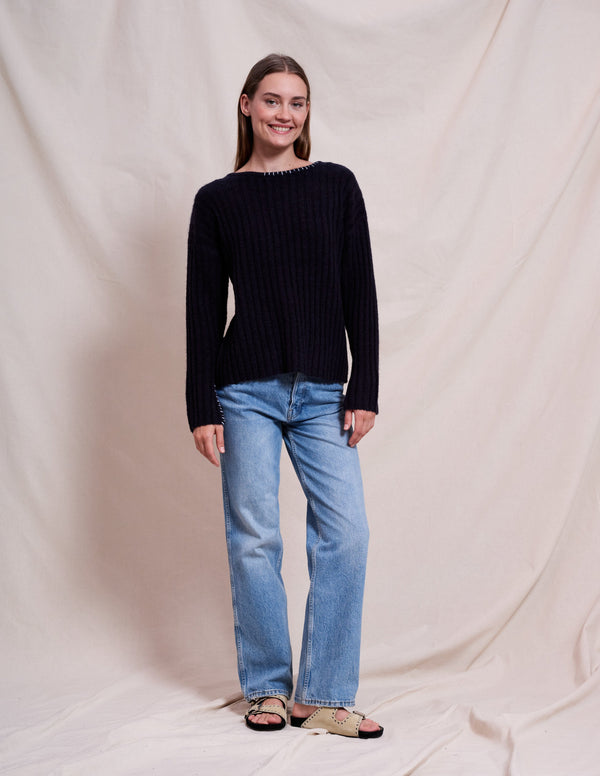 Sundry Ribbed Boat Neck in Deep Navy