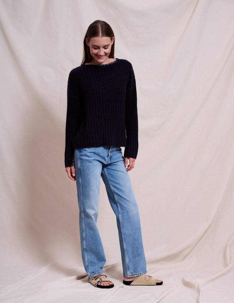 Sundry Ribbed Boat Neck in Deep Navy