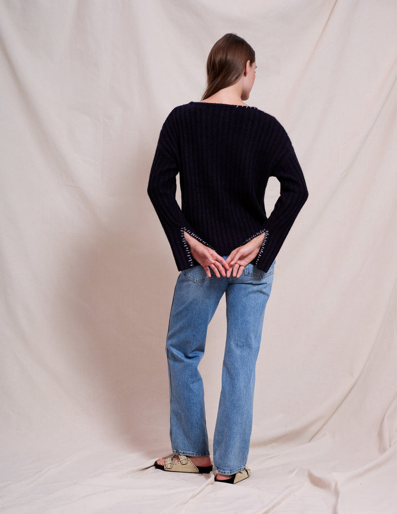 Sundry Ribbed Boat Neck in Deep Navy