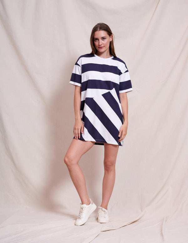 Sundry Bias Stripe Mix T-Shirt Dress in Optic White