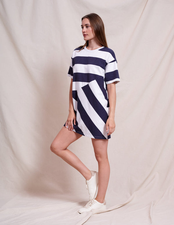 Sundry Bias Stripe Mix T-Shirt Dress in Optic White