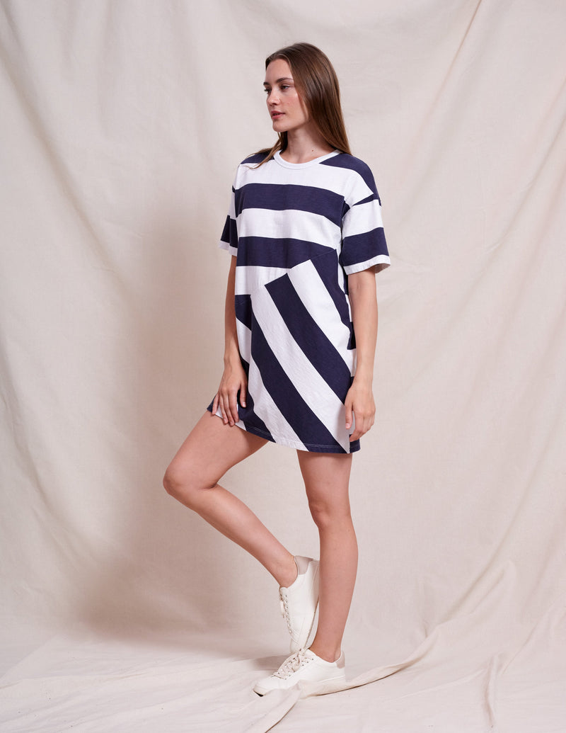 Sundry Bias Stripe Mix T-Shirt Dress in Optic White