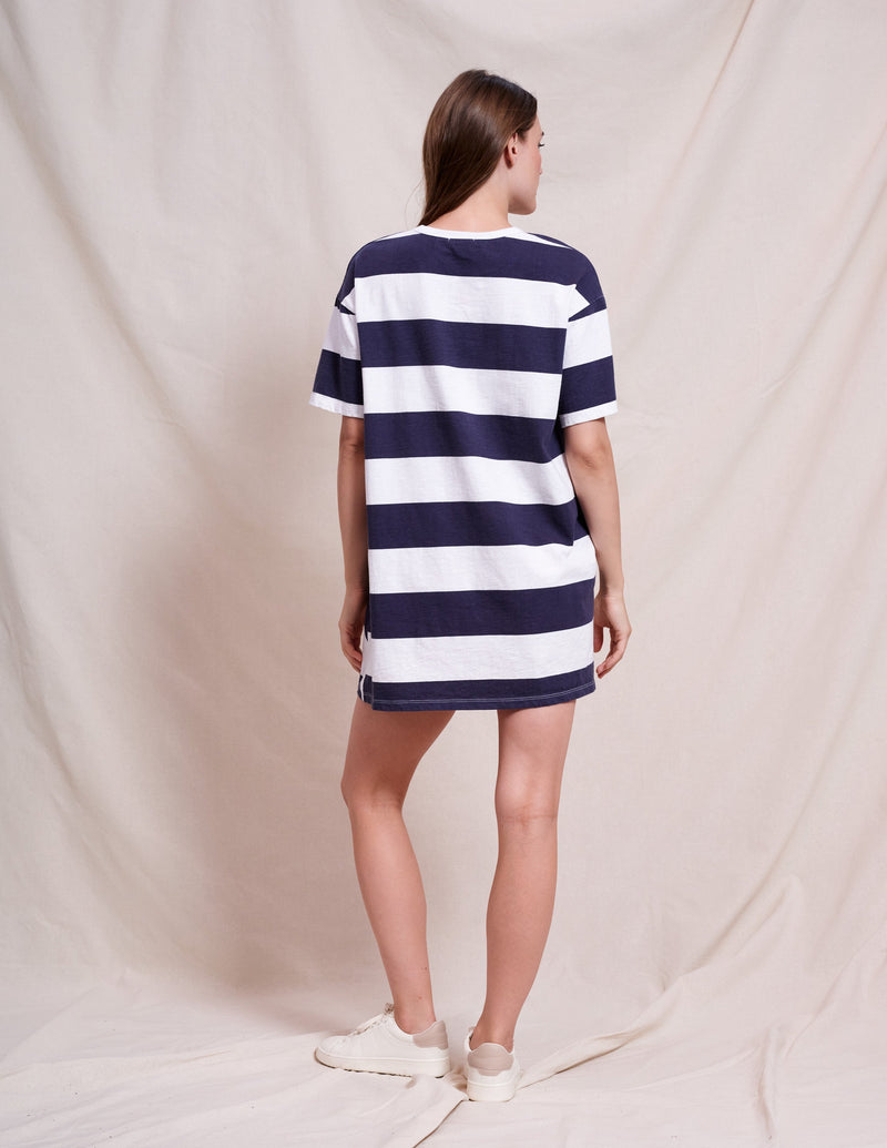 Sundry Bias Stripe Mix T-Shirt Dress in Optic White