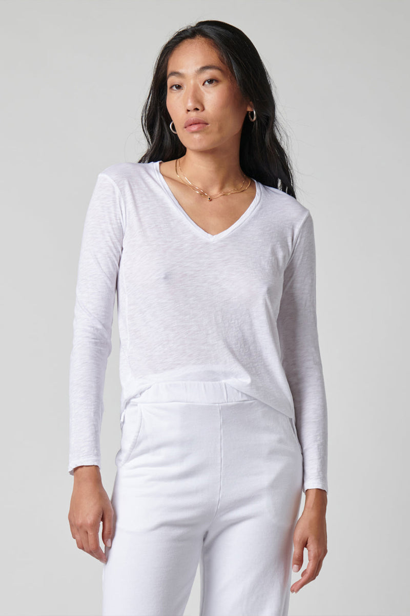 Stateside Supima Slub Jersey Long Sleeve V-Neck T-Shirt in White-full profile front
