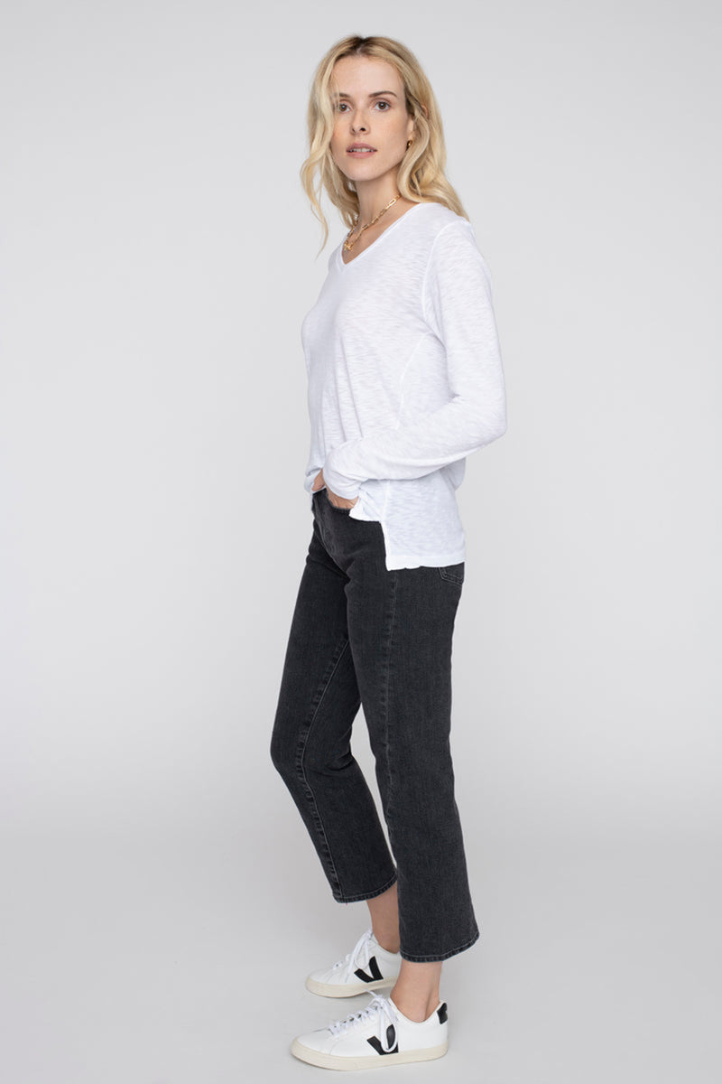 Stateside Supima Slub Jersey Long Sleeve V-Neck T-Shirt in White-side profile