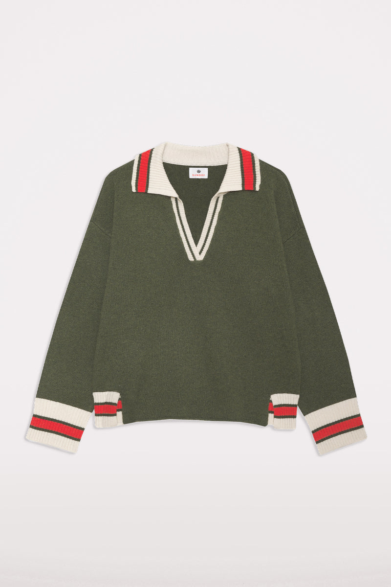 Sundry Knit Polo in Olive/Cream-flat lay 