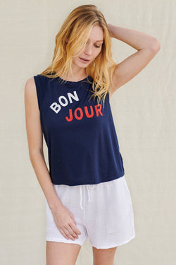 Bonjour Cropped Muscle Tank in Navy-full view (model hand is behind her head)