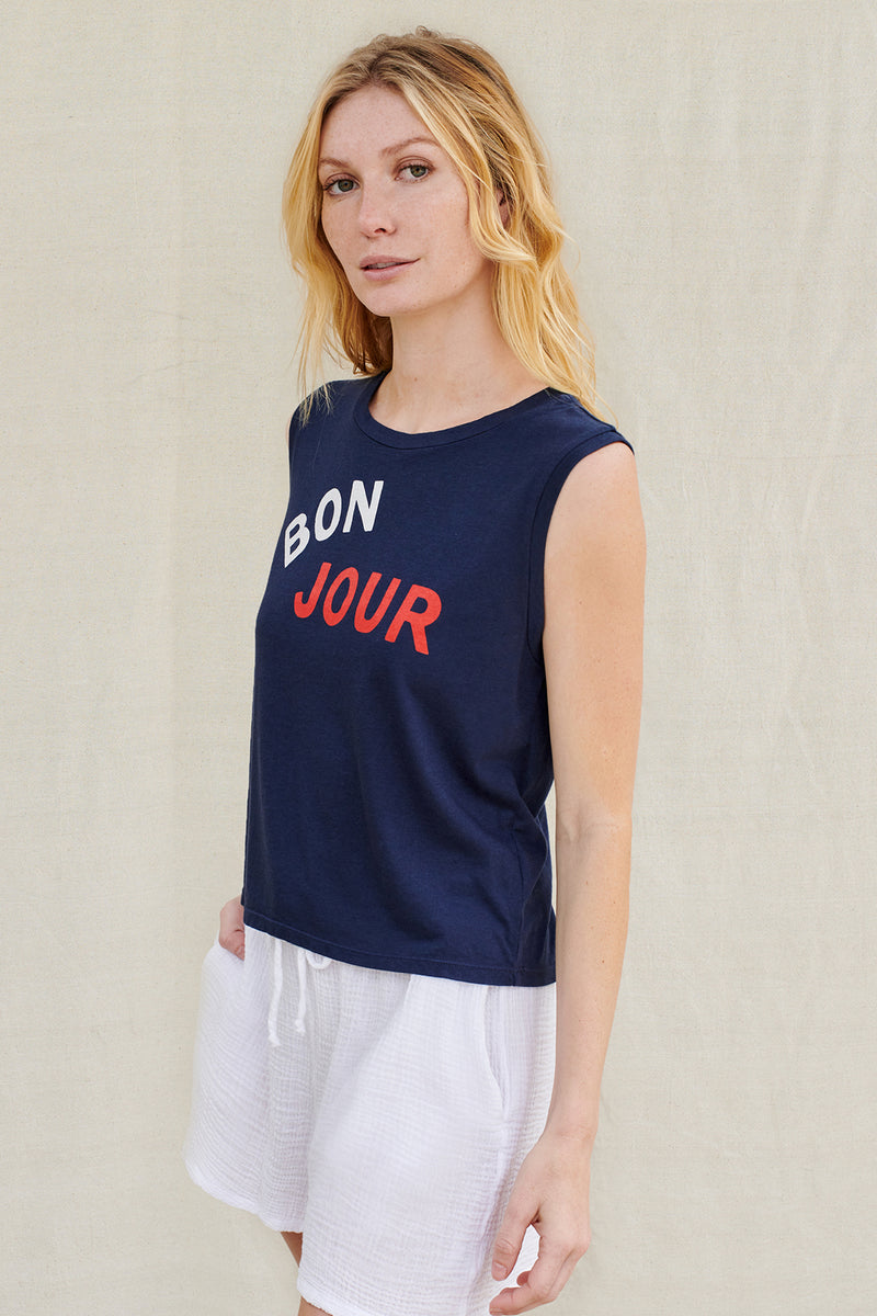 Bonjour Cropped Muscle Tank in Navy-side view