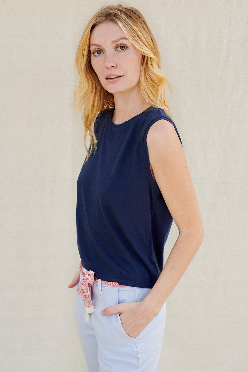 Sundry Cropped Muscle Tank in Navy-side view