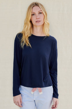 Sundry Long Sleeve Boxy Tee in Navy-3/4 front view