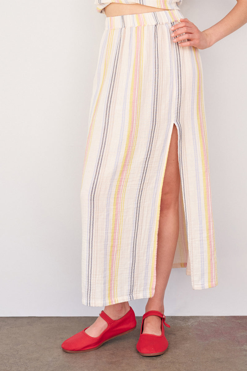 Sundry Long Skirt with Slit in Cream/Multi Stripes