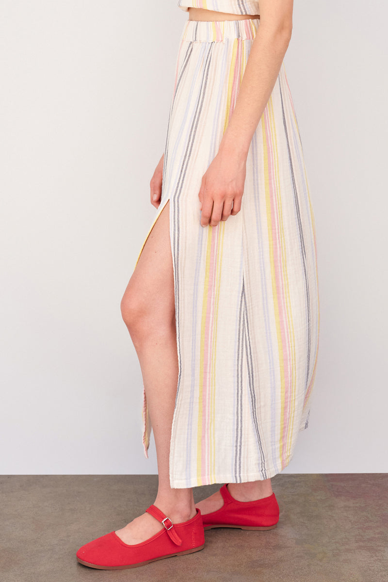 Sundry Long Skirt with Slit in Cream/Multi Stripes