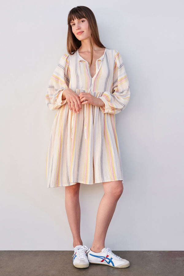 Sundry Midi Blouson Sleeve Dress in Cream/Multi Stripes
