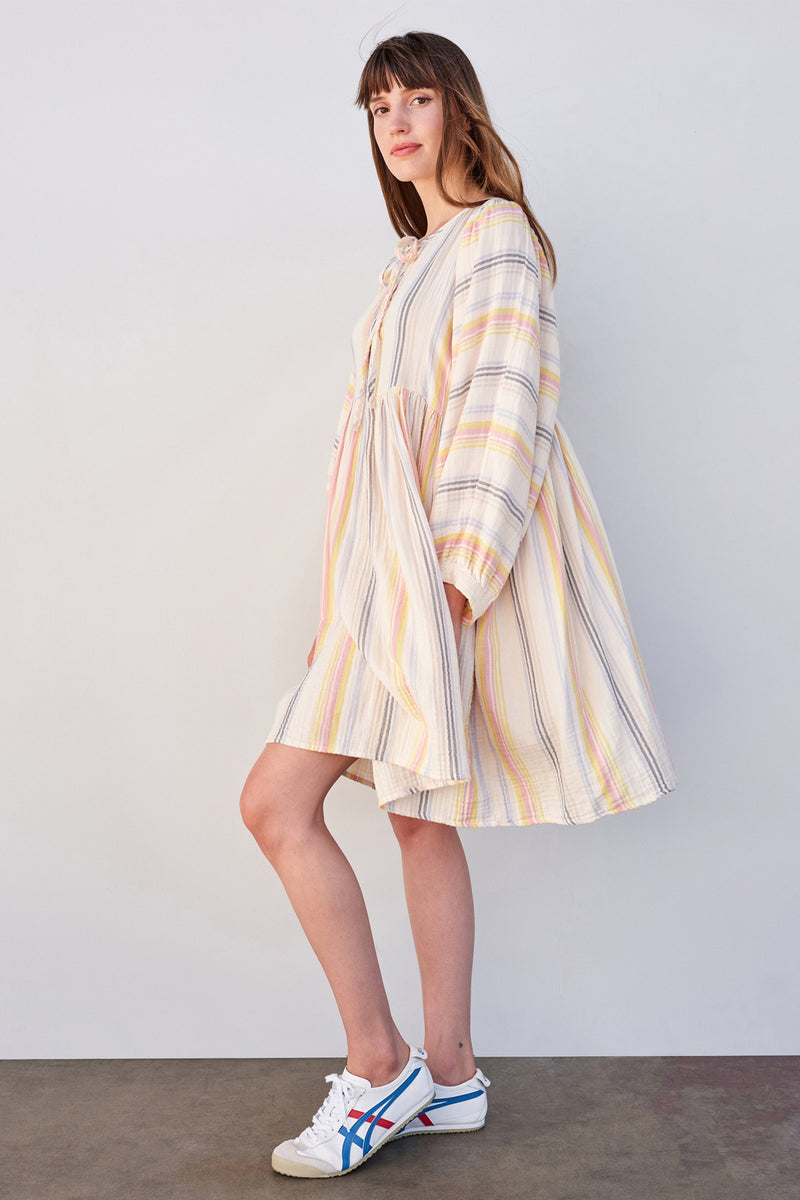 Sundry Midi Blouson Sleeve Dress in Cream/Multi Stripes