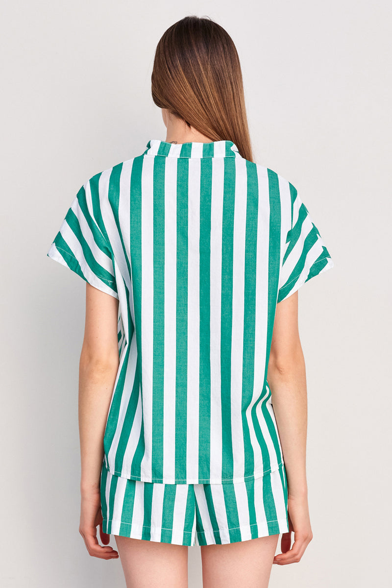 Sundry Candy Striped Popover Top in Herb Green