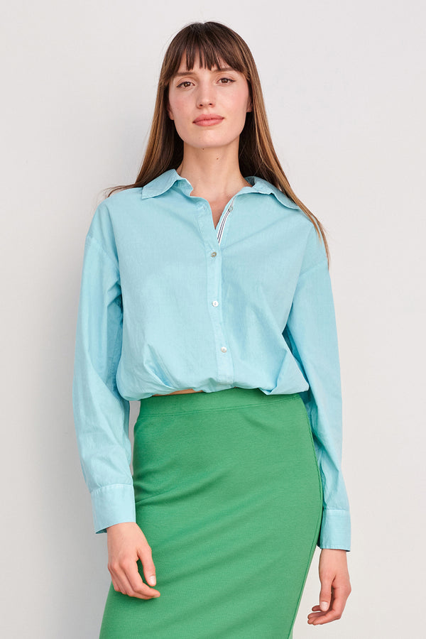 Sundry Cinched Waist Button Down in Pigment Aruba Blue