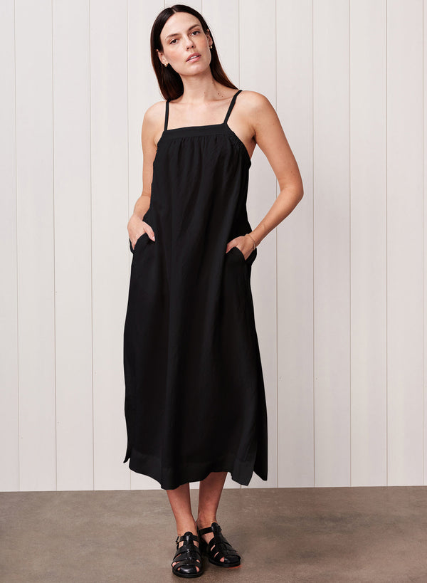 Linen A-Line Maxi Dress in Black