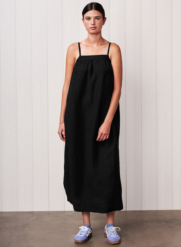 Linen A-Line Maxi Dress in Black