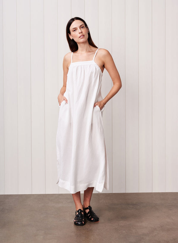 Linen A-Line Maxi Dress in White