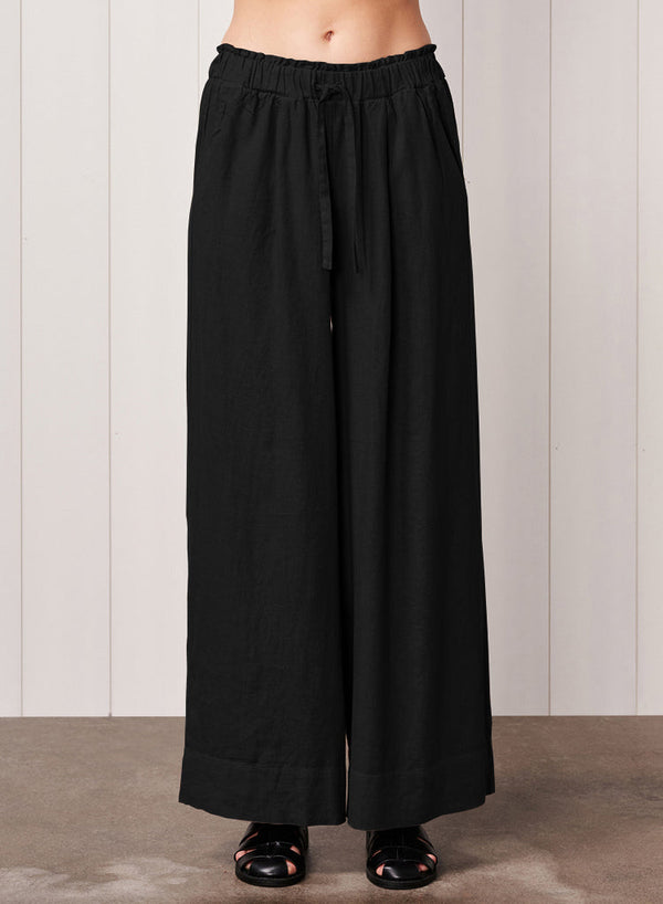 Linen Drawstring Trouser in Black