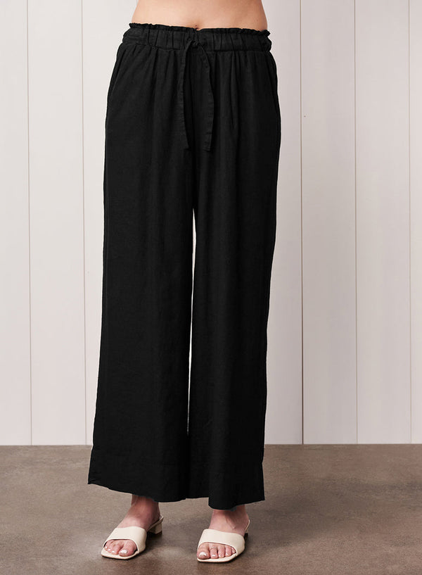 Linen Drawstring Trouser in Black