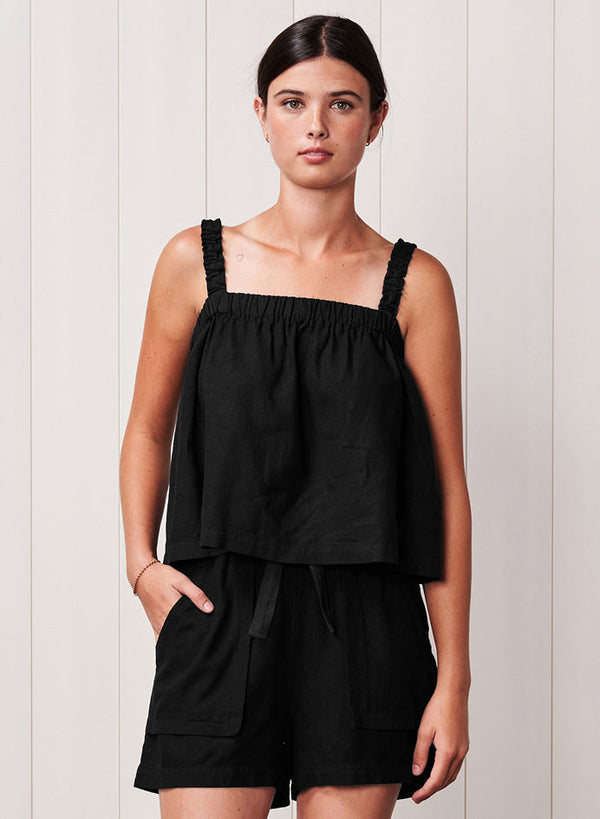 Linen Ruched Shoulder Tank in Black