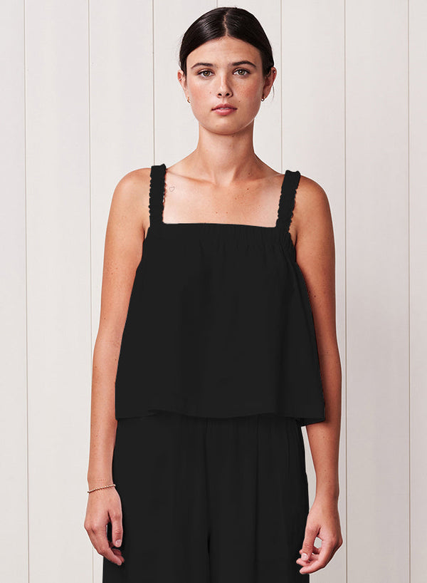 Linen Ruched Shoulder Tank in Black