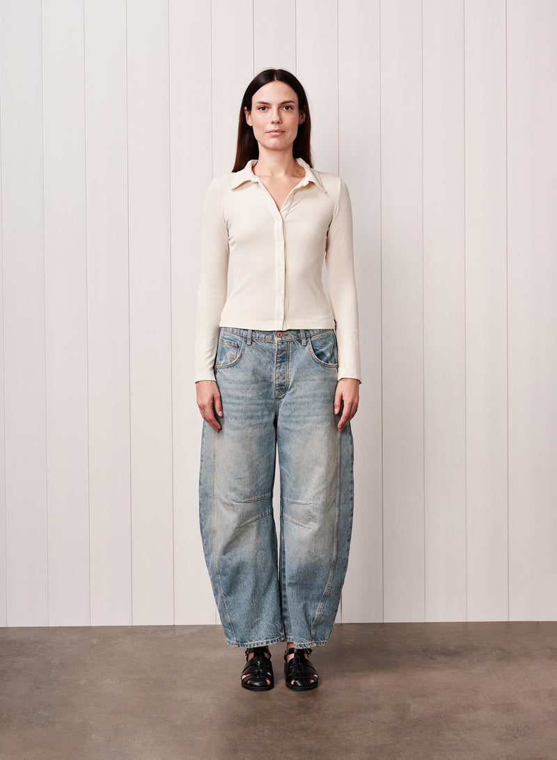 Fine 2X1 Rib Buttoned Shirt in Cream