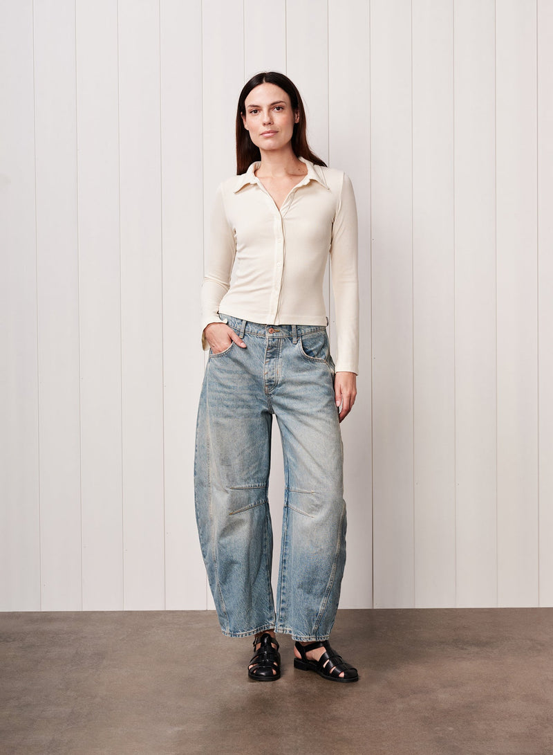 Fine 2X1 Rib Buttoned Shirt in Cream