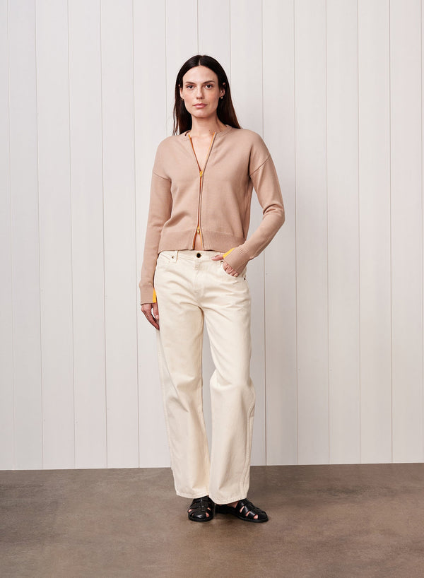 Two Way Zip Cardigan Sweater in Taupe