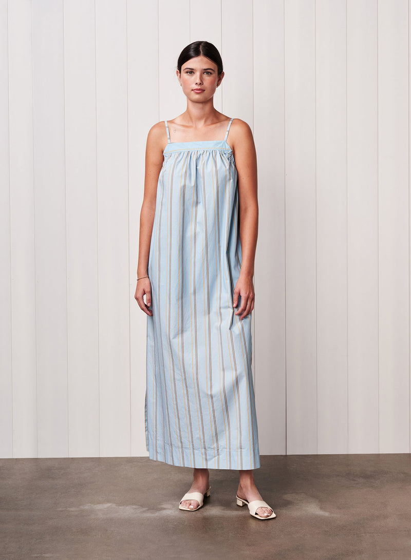 Column Stripe Poplin Maxi Dress in Blue Multi Stripe