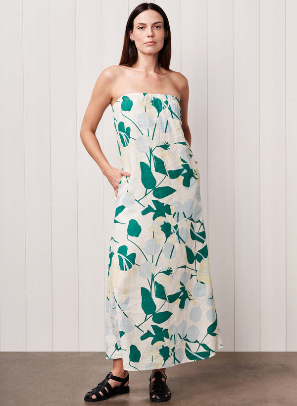 Blossom Printed Linen Column Maxi Dress in Blue Blossom