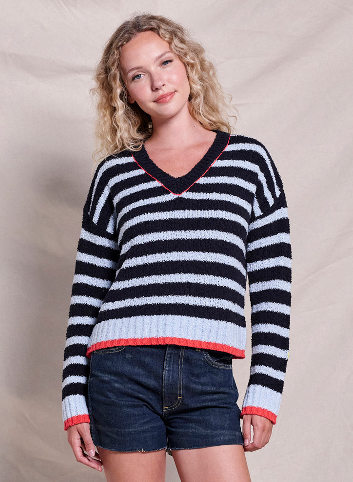 Sundry Heart Embroidery Striped V-Neck Sweater in Deep Navy