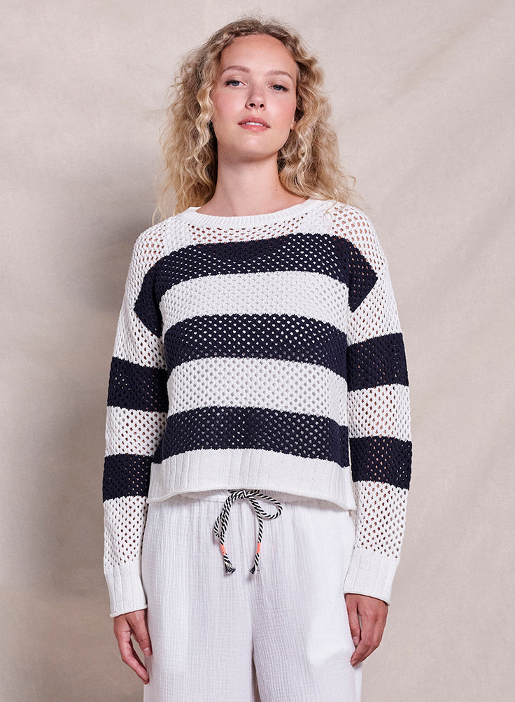 Sundry Mesh Stripe Boat Neck Sweater in Deep Navy
