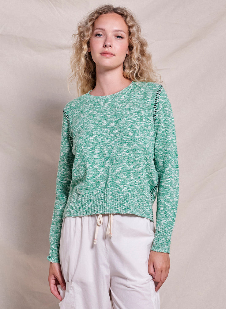 Sundry Baseball Stitch Cotton Slub Crew Sweater in Green Garden