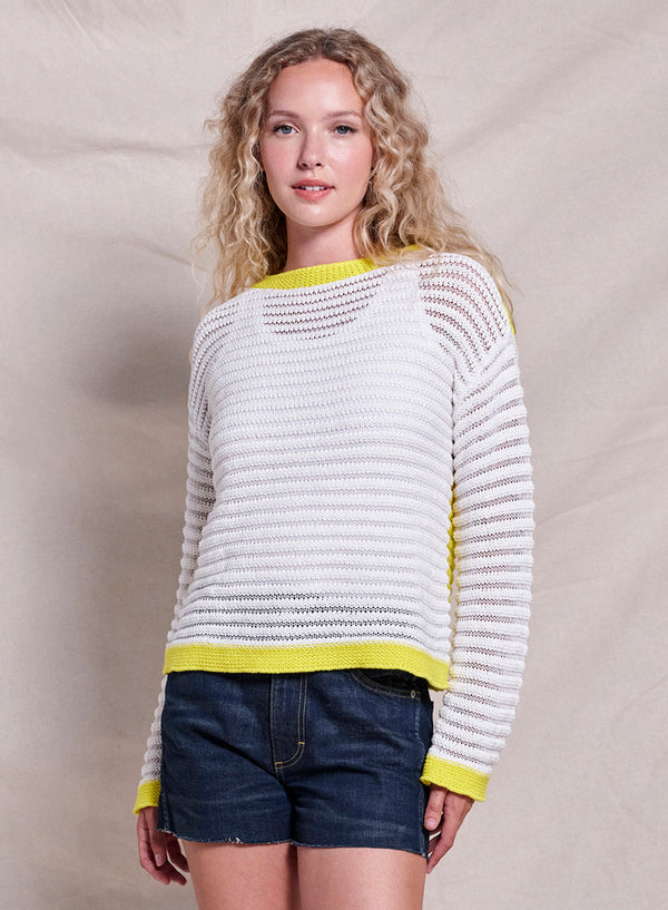 Sundry Open Knit Color Block Sweater in Optic White