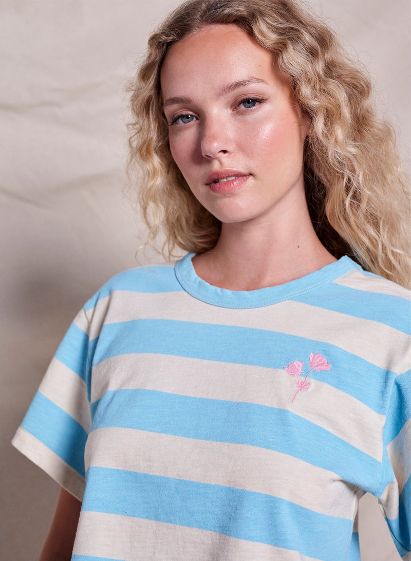 Sundry Floral Embroidery Rugby Stripe Boy Tee in Robins Egg