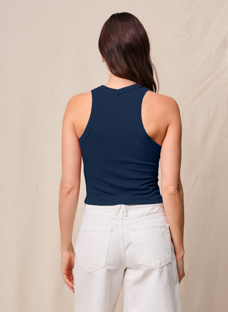 Fine 2X1 Rib Cropped High Neck in New Navy