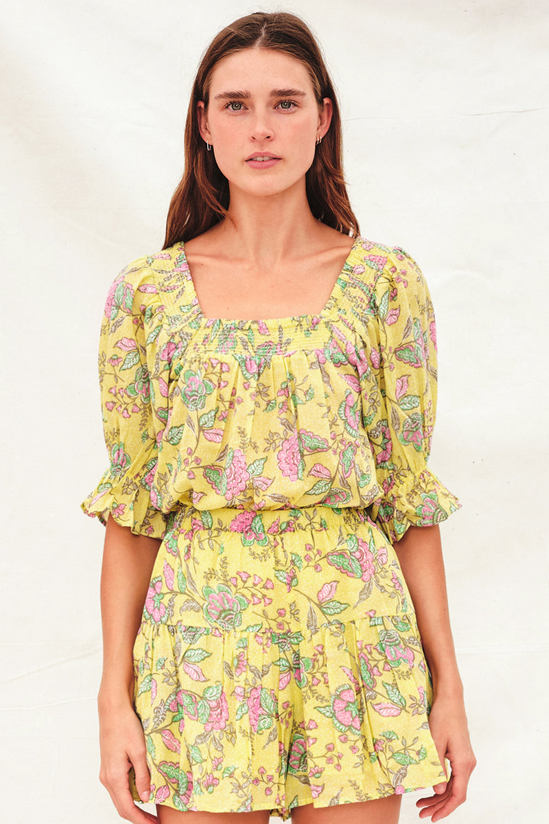 Sundry Elbow Sleeve Smocked Top in Felicity Floral - paired with matching shorts