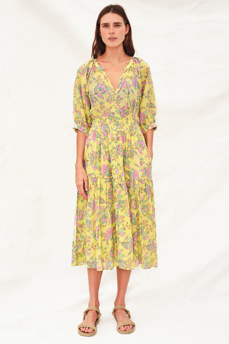 Sundry Button Down Midi Dress in Felicity Floral - front hands in pocket