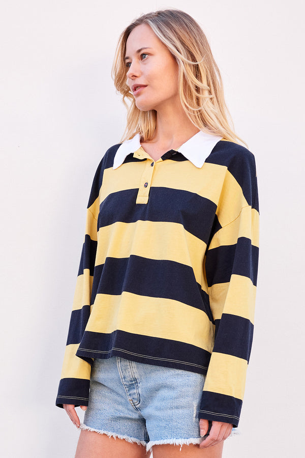 Sundry Rugby Stripe Crop Polo Shirt in Sun-3/4 side